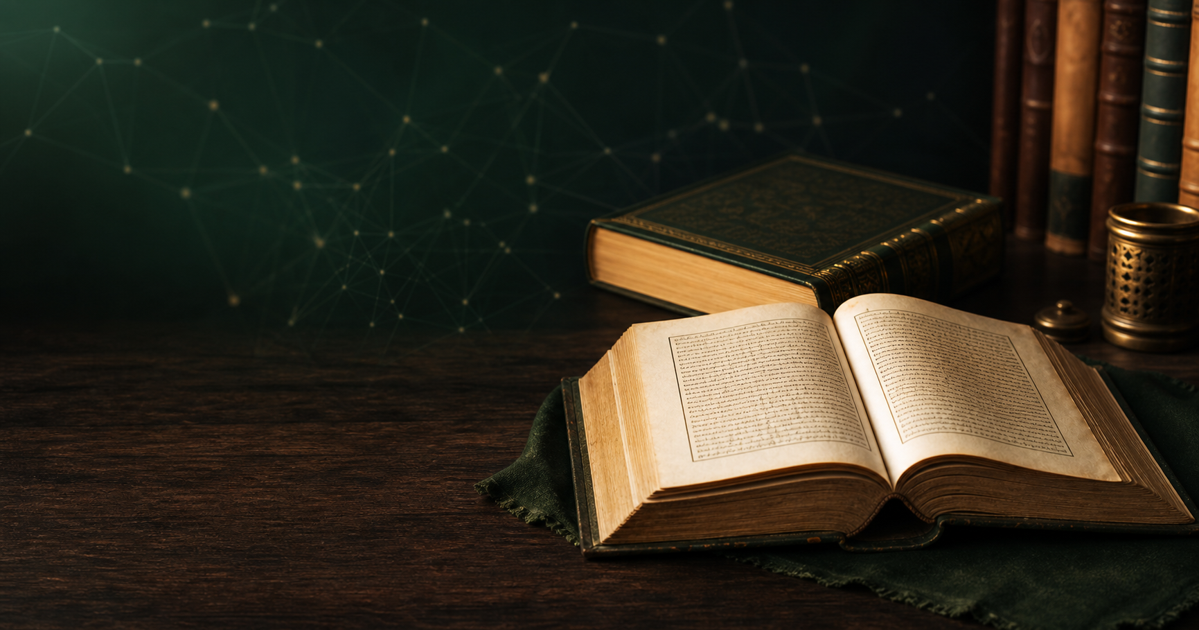 Buku rujukan Arab di meja kajian dengan pola jaringan data